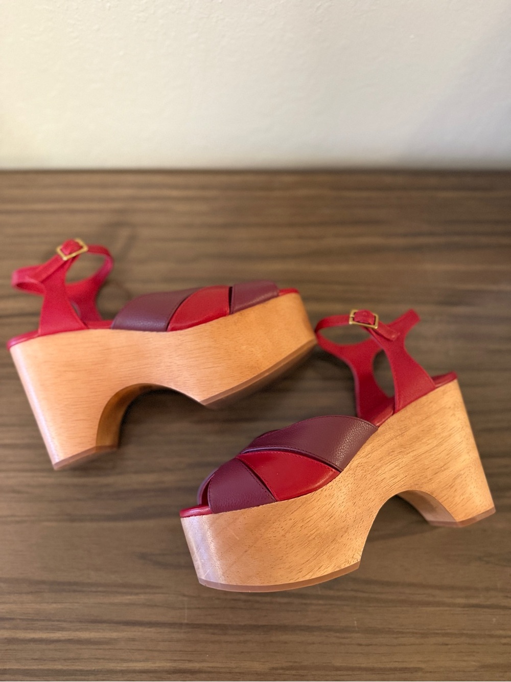 Charlotte Stone Two-Tone Red & Burgundy Platform Wedge Sandals - Picture 7 of 12